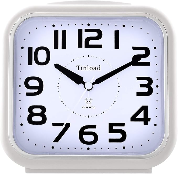 Tinload 5.5" Large Analog Alarm Clock Silent Non Ticking, Gentle Wake, Beep Sounds, Increasing Volume, Battery Operated Snooze and Manual Light, Easy Set,White (Best for Elder)