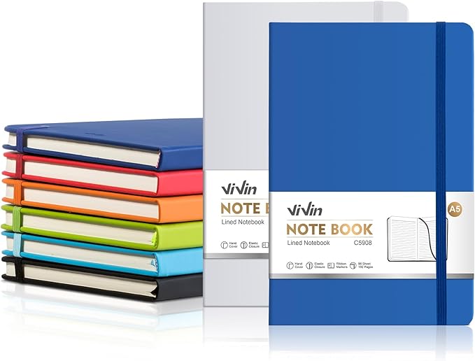 ViVin Lined Journal Notebooks for Work, 192 Pages, Medium 5.5 x 8.3 inch, College Ruled, A5 Hardcover Journaling Notebooks for Writing, 8 Pack Bulk,Multi Colored Series