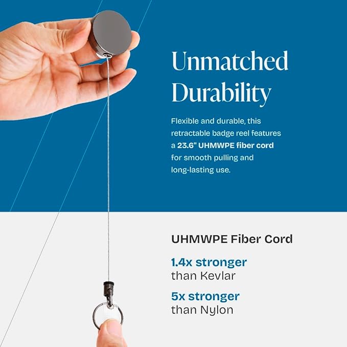 Will Well ID Badge Holder Reel with Clip and Keyring - Heavy-Duty All-Metal Casing with 24.4" UHMWPE Fiber Pull Cord for Easy Access, Holds up to 8 Keys - 2-Pack, Small Round, Glossy Black