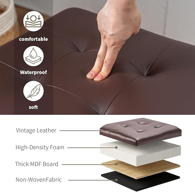 Asense 17 Inch Storage Ottoman Foot Rest,Square Faux Leather Foot Stool,Small Ottoman with Storage,Padded Seat for Entryway,Living Room,Bedroom,Couch,Under Desk,Brown