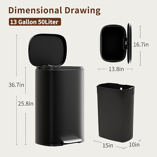PayLessHere Stainless Steel Trash Can with Lid - Removable Inner Bucket, Foot Pedal Soft Close for Office, Home, Kitchen Garbage Bin (Black, 13 G)