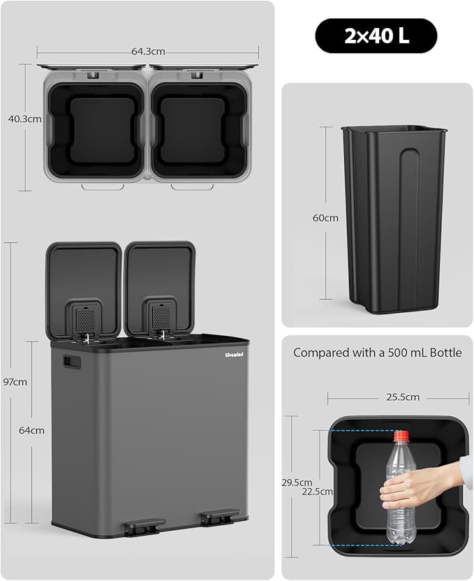 Lovewind Trash Can, 2 x 10.5 Gallon (2 x 40 L) Garbage Can for Kitchen Dual Compartment Recycling Kitchen Step Trash Bin, Stainless Steel Trash and Recycle Bin Combo with Soft-Close Lid, Grey