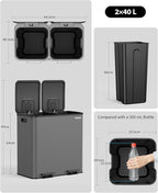 Lovewind Trash Can, 2 x 10.5 Gallon (2 x 40 L) Garbage Can for Kitchen Dual Compartment Recycling Kitchen Step Trash Bin, Stainless Steel Trash and Recycle Bin Combo with Soft-Close Lid, Grey
