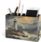 Famame Lighthouse Vintage Sea Pencil Holder for Desk, Leather Desktop Container Pen Cup Storage Study Table Pen Organizer Makeup Brush Holder for Classroom Office Home
