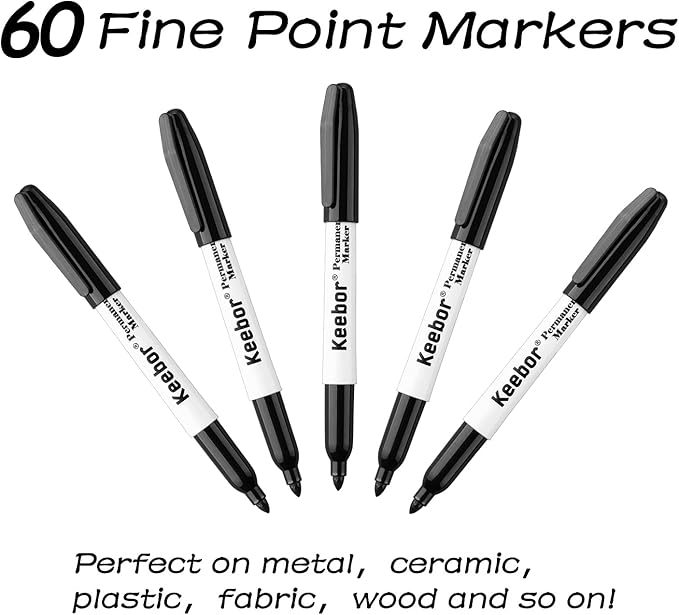 Keebor Permanent Markers Bulk, 60 Pack Black Permanent Markers, Quick Drying & Fade Resistant, Fine Point Marker Set for Wood, Plastic, Paper, Metal