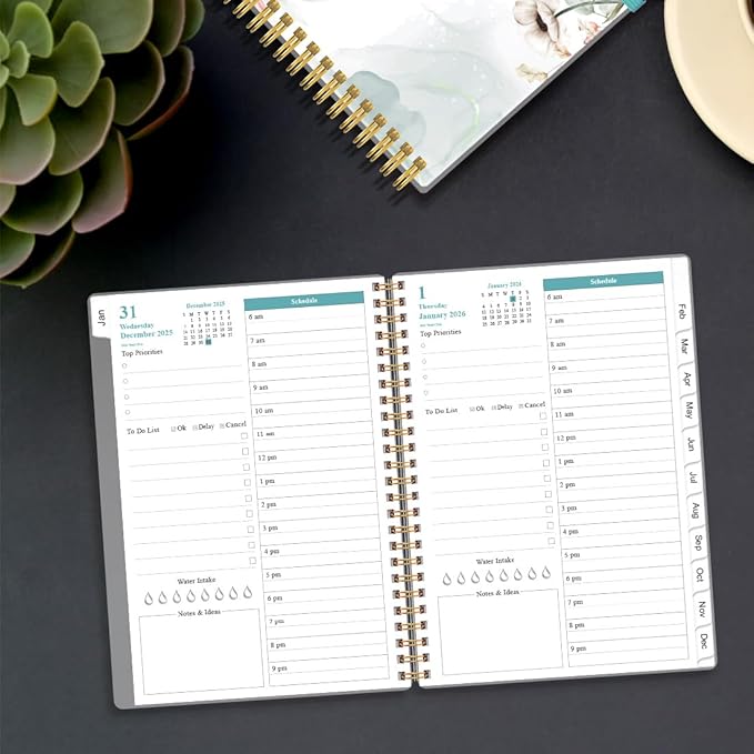 Daily Planner 2026 Full Page Per Day- 2026 Daily & Monthly Planner from January 2026 to December 2026, Day Planner 2026 with 12 Months Tabs, 6.4" x 8,5", Pink Flowers