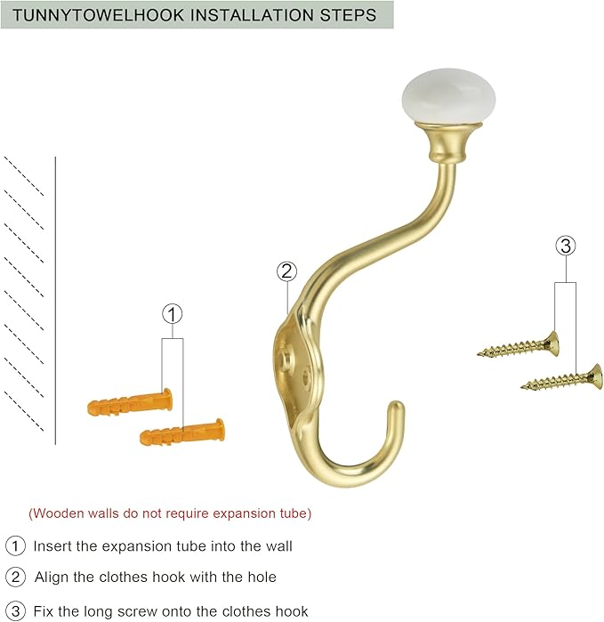 TUNNY Coat Hooks - 5 Pack Brushed Gold Towel Hooks Robe Hooks Decorative Wall Hooks for Bathroom Bedroom Kitchen Towel Robe Clothes Cabinet Closet Bathroom Hardware