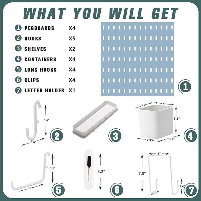 MULSAME Pegboard Combination Kit, 25.2" x 25.2" Wall Mounted Storage Set with 4 Pegboards & 20 Accessories Hanging, Peg Boards Organizer