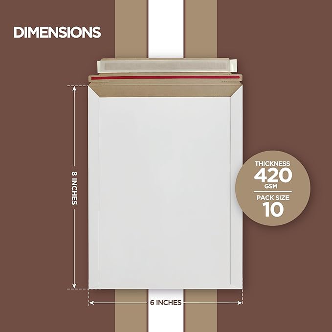 10 Pack 6x8 inches Rigid Mailers – Self-Seal White Cardboard Envelopes – Heavy-Duty Mailing Supplies for Documents, Photos, Magazines, and Literature