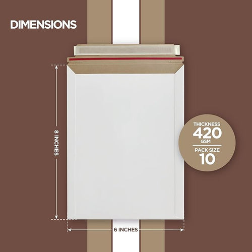 10 Pack 6x8 inches Rigid Mailers – Self-Seal White Cardboard Envelopes – Heavy-Duty Mailing Supplies for Documents, Photos, Magazines, and Literature