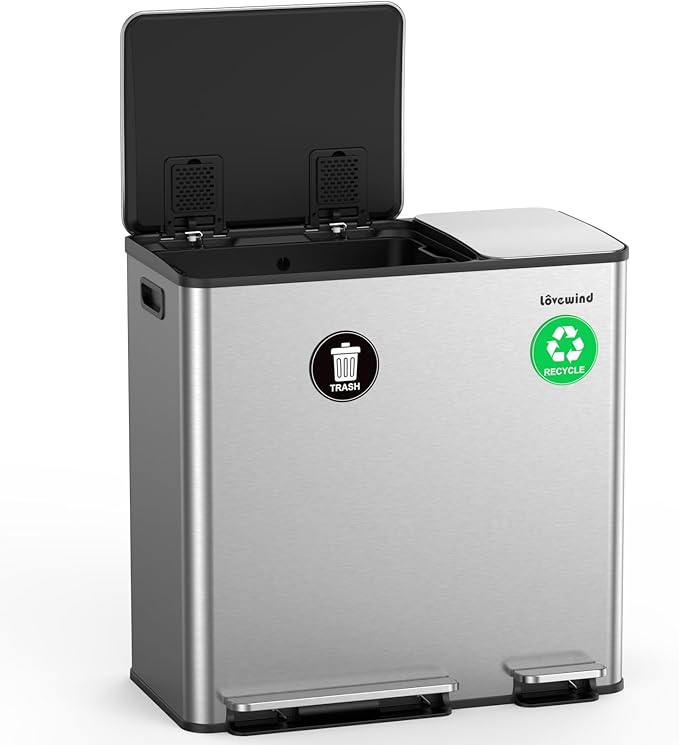 Lovewind Dual Trash Can, 14 + 6 Gallon Garbage Can for Kitchen Dual Compartment Recycling Kitchen Step Trash Bin, Stainless Steel Trash and Recycle Bin Combo with Soft-Close Lid, Silver