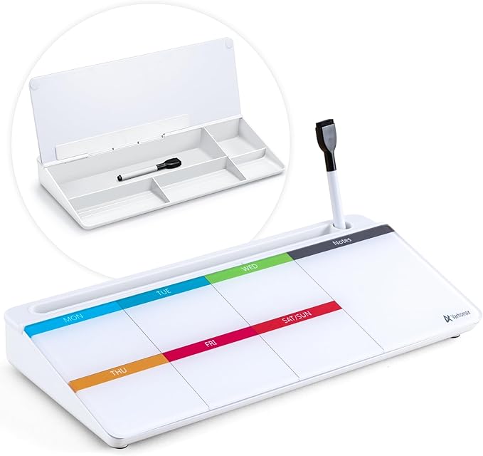 Varhomax Glass Weekly Dry Erase Desk White Board, Desktop to Do List Planner Whiteboard Calendar with Storage Caddy Memo for Home and Office, Colorful