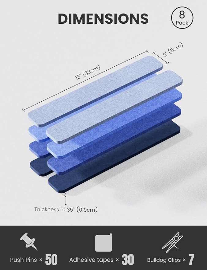Fluxynara Cork Board Alternative Felt Strip Board 8-Pack 13"x2", Office Pin Board with 50 Push Pins, Adhesive Install for Bedroom Door & Home Office(Denim Mist)