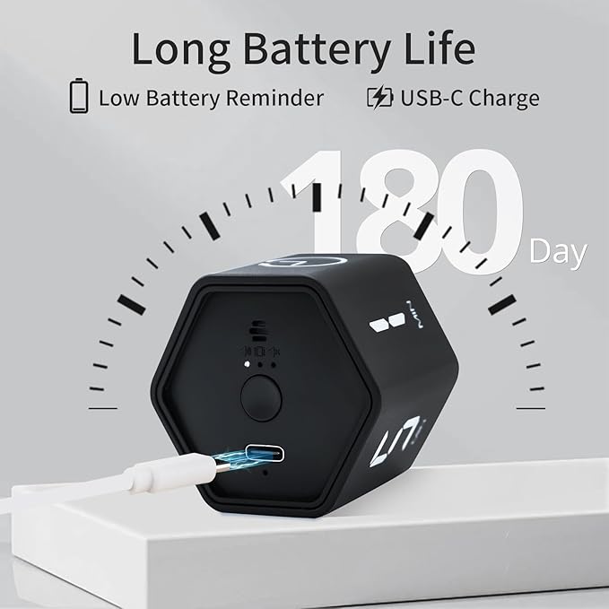 LUCKY TIME Productivity Timer Flip Gravity Sensor Pomodoro Cube Timer Countdown & Countup,1/5/10/30/60min Preset & Custom Timing, Mute/Vibrate/Sound for ADHD,Work,Study,Kitchen(1, Black Hexagon)