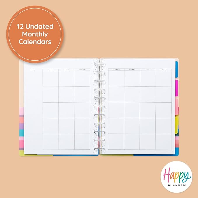 Happy Planner Undated Plans + Notes Monthly Planner Notebook Journal, 12-Month Planner, Colorblock Brights Theme, Big Size, 95 Pages, 4 Dividers, 12 Planner Sticker Sheets, 8 1/2" x 11"