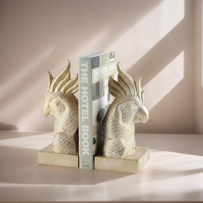 JOOMBE Golden Parrot Decorative Bookends,Set of 2 Cute Bird Animal Sculpture Book Ends to Hold Hevay Duty Books,Unique Resin Statues Book Stopper for Home Office Desk Bookshelf Decor