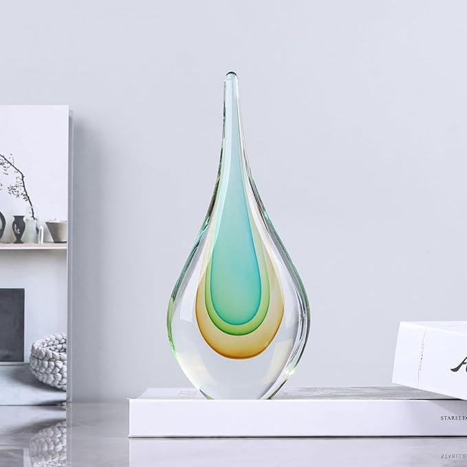 9" Tall Sculpture Hand Blown Glass Decor, Paperweight for Office Desk, Modern Glass Art Figurines Mediterranean Beach House Decor, Living Room Coffee Shelves Table Top Decoration (Light Green)