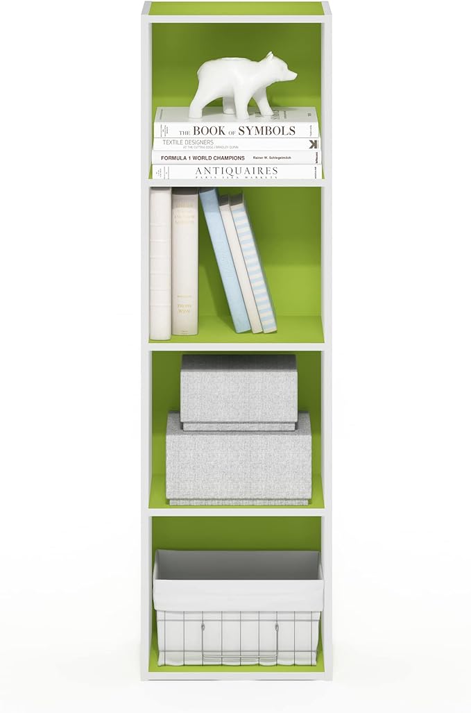 Furinno PASIR Book Shelf, 4-Tier Modern Bookshelf, Open Shelves Bookcase 9 x 12 x 42, for Living Room, Bedroom, Home Office, Green/White