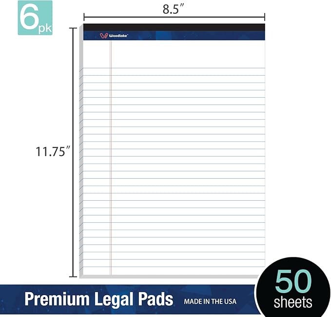 Woodlake Legal Pads 8.5 x 11, 6 Pack, Wide Ruled, Premium White Paper Pad No Ink Bleed, Micro‑Perforated, Sturdy Chipboard Back, 50 Sheets/Pad,for School, Office & Home, Made in USA