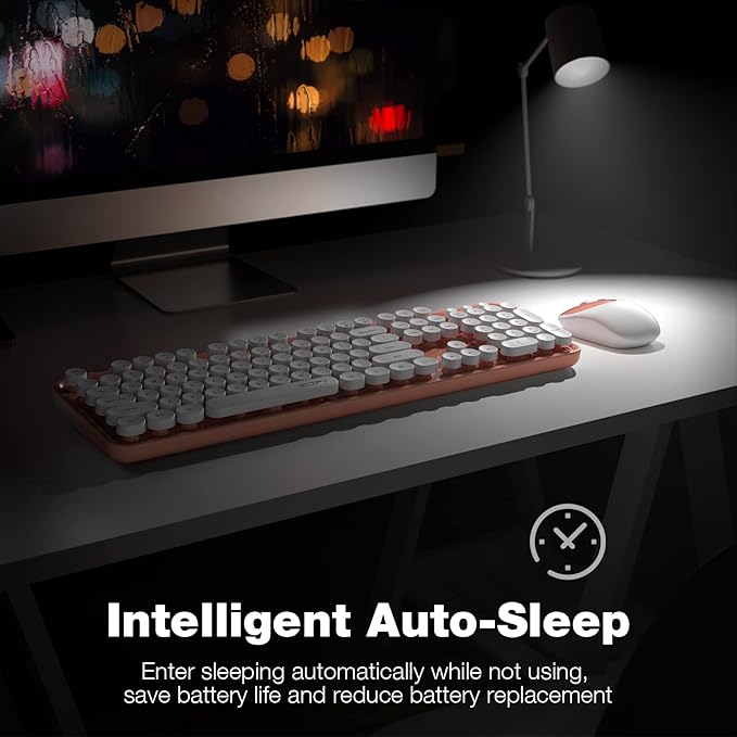 MOFII Wireless Keyboard and Mouse Combo, Computer Full Size 2.4G Plug and Play Wireless Typewriter Retro Round Keyboard and Mouse Set for Windows, Computer, Desktop, PC, Notebook - (Light Orange)