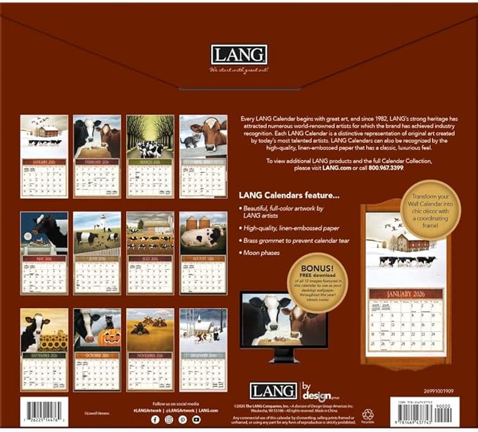 Lang Cows Cows Cows 2026 Wall Calendar – 13.4" × 12", 12-Month Calendar with Stapled Binding, Linen-Embossed Art by Lowell Herrero, Whimsical Farm Animal Imagery