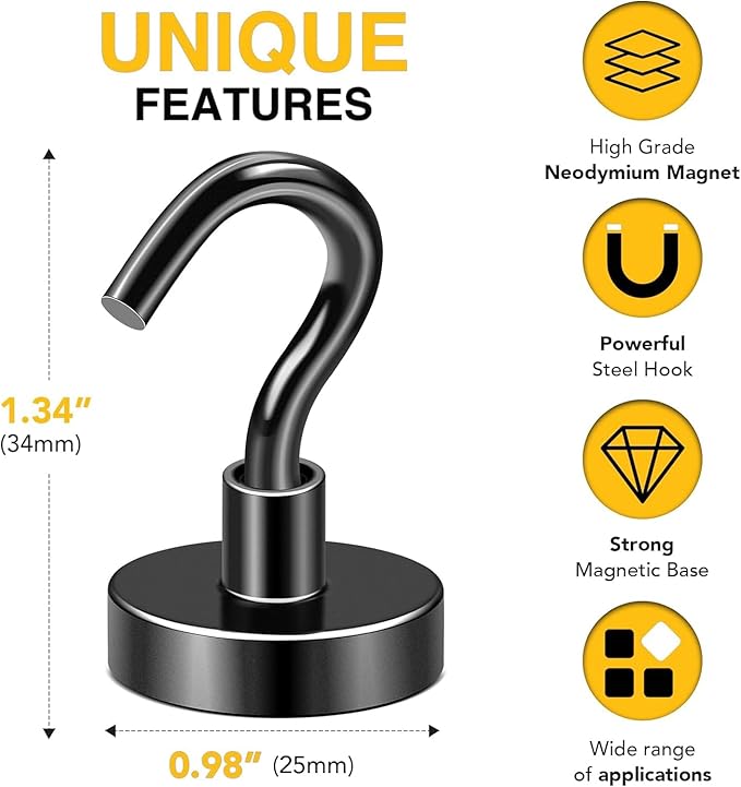 DIYMAG Black Magnetic Hooks, 85 LB Heavy Duty Strong Magnets with Hook, Rare Earth Neodymium Magnet Magnetics for Cabins Cruise Ship Essentials 4 Packs