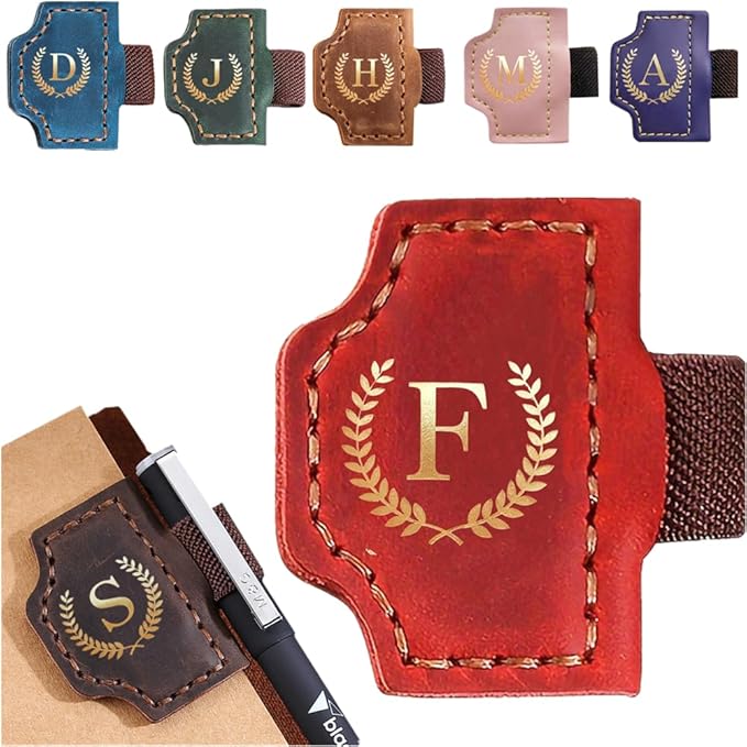 Personalized Mark Bookmark with Pen Holder, Leather Magnetic Book Marker 26 Letters,Custom Initials Page Marks, Gifts for Book Lovers Readers Men Women (Red, F)