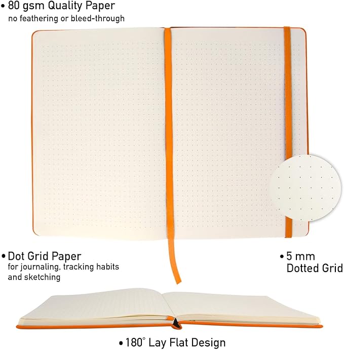 Simply Genius Orange A5 Hardcover Dotted Grid Notebook - 20 Pack, 192 Pages - Water-Resistant Leatherette Notebook - Bulk Dotted Journal Multipack - Grid Paper Notepad