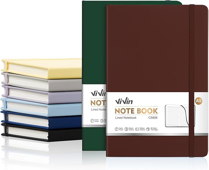 ViVin Lined Journal Notebooks for Work,192 Pages,Medium 5.5 x 8.3 inch,College Ruled,A5 Hardcover Journaling Notebooks for Writing,8 Pack Bulk,Dark Colored Series