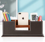 KINGFOM™ Double Holder Wood Leather Multi-Function Desk Stationery Organizer Dark Brown