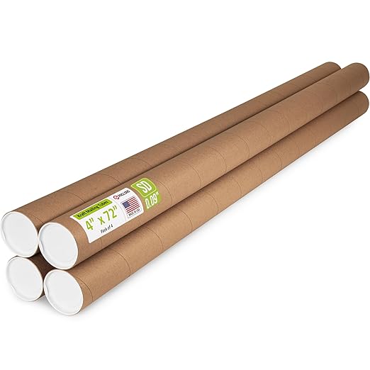 Paclord 4" x 72" Reinforced Kraft Paper Mailing Tube, Pack of 4 Tubes with 8 Caps – Secure USPS Approved Poster Tube – Cardboard Tube for Shipping and Storing Posters, Prints, Artwork, or Documents