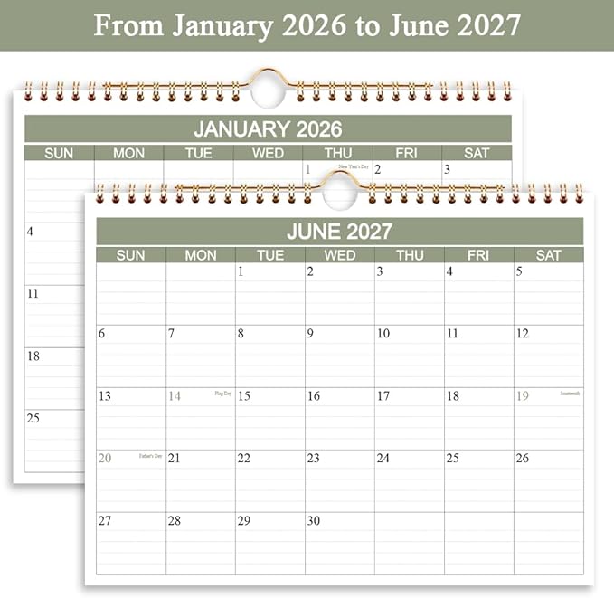 2026 Calendar- Wall Calendar 2026-2027 Runs from January 2026 to June 2027-18 Months Calendar with Thick Paper for Home or Office, 8.5 x 11 Inches, Green