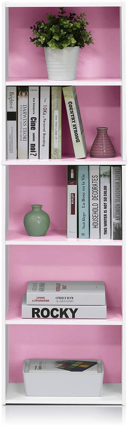 Furinno LUDER Book Shelf, 5-Cube Bookshelf, Bookcase with Open Shelf, 9.4 x 15.8 x 52, for Living Room, Bedroom, Home Office, White/Pink