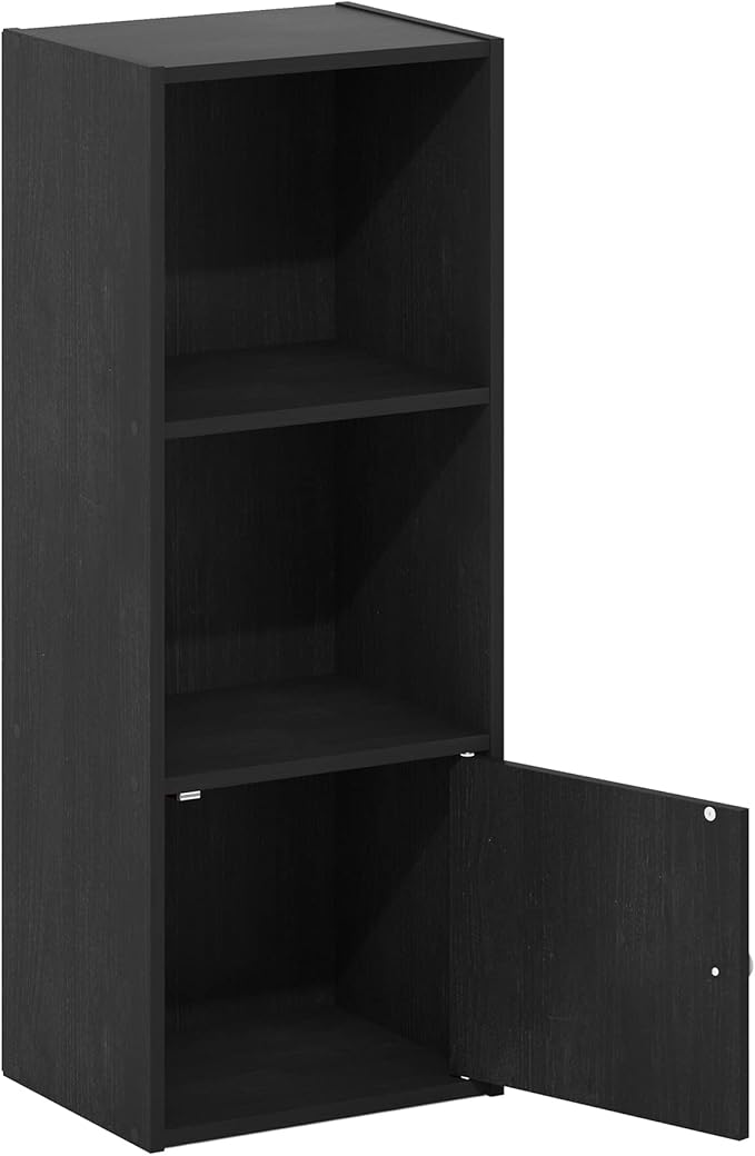 Furinno LUDER Book Shelf, 3-Tier Modern Bookshelf, Bookcase with 1 Door Storage Cabinet, 9.3 x 12 x 31.5, for Living Room, Bedroom, Home Office, Blackwood | Furinno, Luder, Shelf, Bookcase, 1 Door, Storage Cabinet