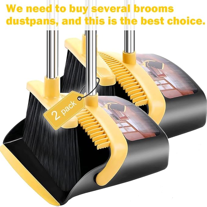 Brooms with Dustpan Combo Set， with 52" Long Handle, Dustpan Teeth with self-Cleaning Function, Indoor and Outdoor Sweeping, Perfect for Home Office (Large/Yellow/ 2-Pack)