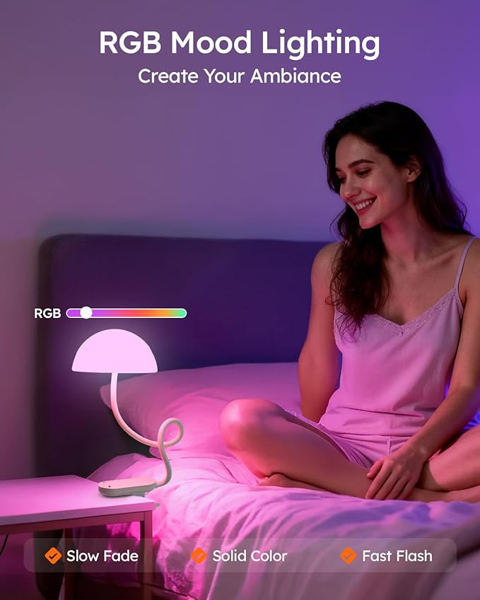 Rechargeable Clip On Lamp, Cordless Touch Control Desk Lamp with RGB Ambient Mode & 3000K–6000K Dimmable Book Reading Light, Portable Gooseneck Lamp Battery Operated Clamp On Table Bedside Headboard
