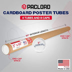 Paclord 3" x 60" Heavy-Duty Reinforced Cardboard Mailing Tube, Pack of 4 Tubes with 8 Caps – Secure USPS Approved – Great for Shipping and Storing of Prints, Artwork, Posters or Documents