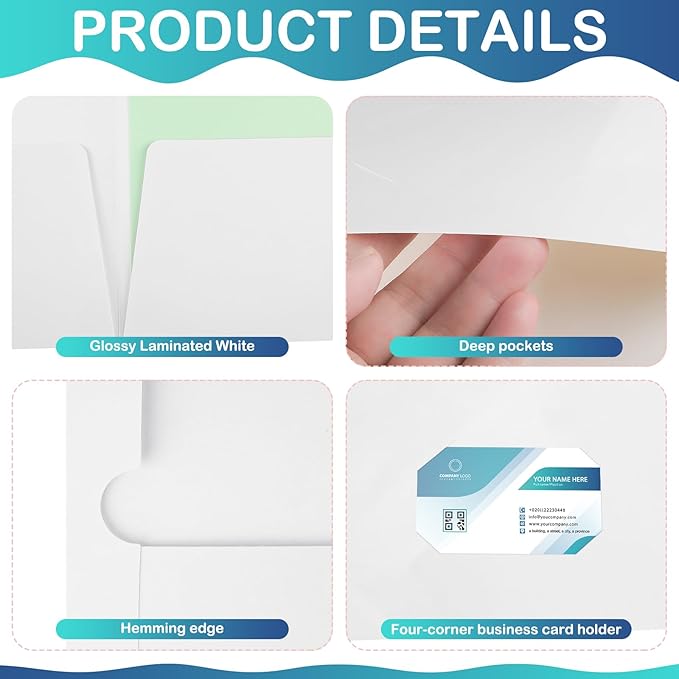 Yeaqee 100 Pack 2 Pockets Glossy Laminated Paper Folder First Day of School Presentation Folder Letter Size Two Pocket File Portfolio Holder Back to School Items Bulk for Teacher Office (White)