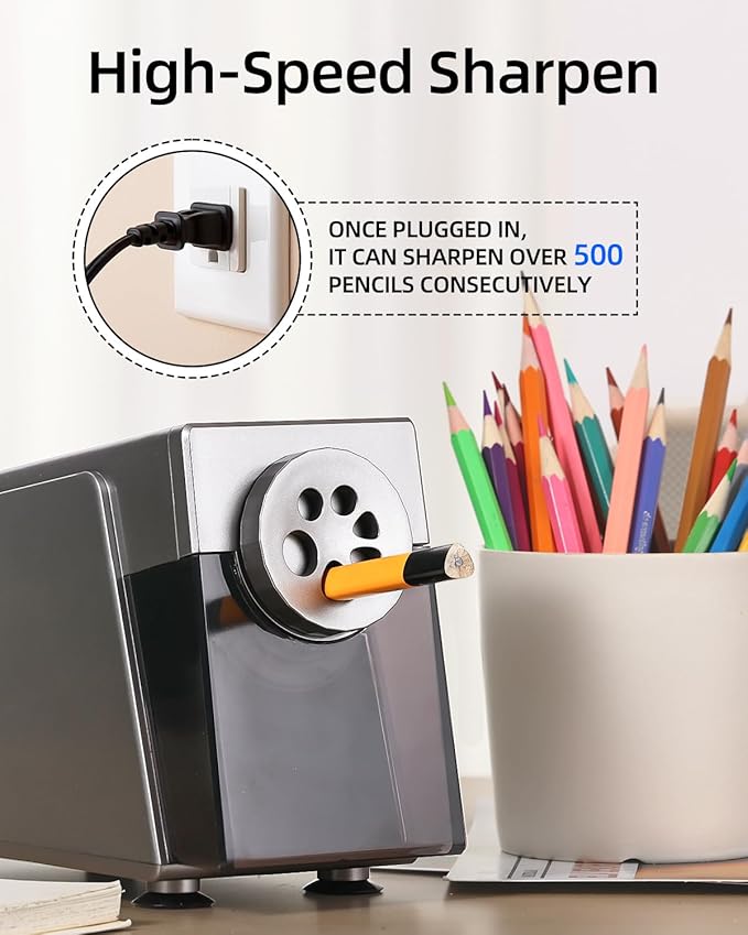 ZMOL Heavy Duty Electric Pencil Sharpener for Classroom, 6 Holes, Stronger Helical Blade, Auto Stop, Save Pencils, Plug in, Suitable for 6-12mm No.2/Colored Pencils, Teachers,School & Home Silver
