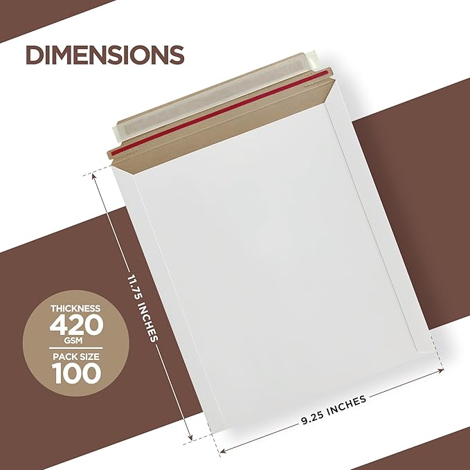 Rigid Mailers 9.25 x 11.75 Inch – 100 Pack White Self Seal Stay Flat Cardboard Envelopes – No Bend Mailing Envelopes for Photos, Documents, Certificates, Books, Magazines & Art Prints