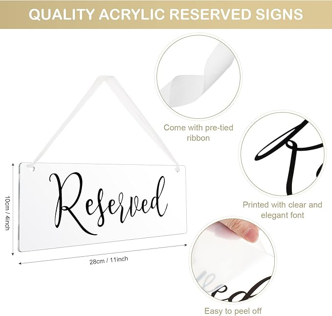 Blulu 6 Pcs Reserved Signs for Wedding Chairs Acrylic Tag Hanging with Ribbon for Wedding Reserved Signs for Important Events Church Pews Chair and Restaurant(Black)