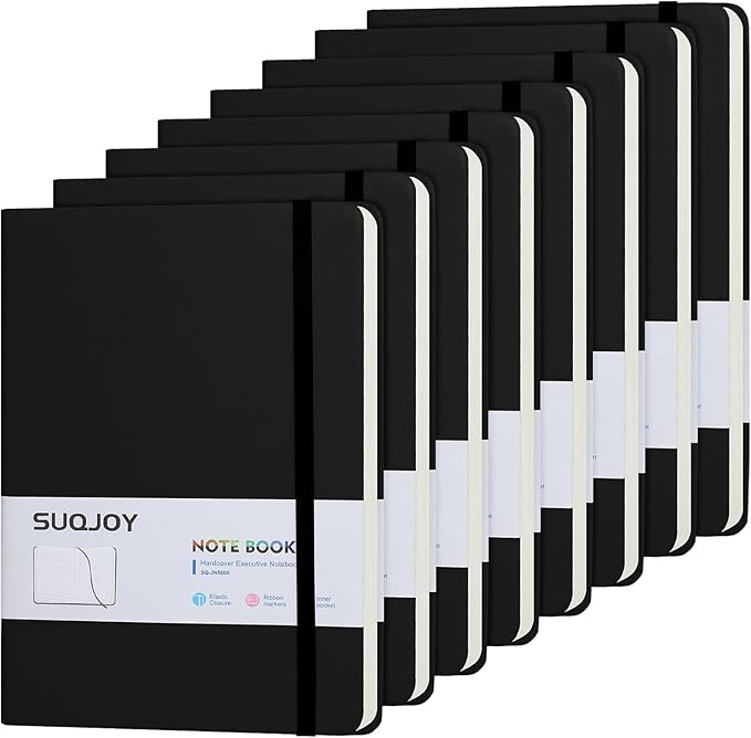 SUQJOY Lined Journal Notebooks for Writing, 100 GSM Thick Paper, 8 Pack Hardcover Notebooks, A5 College Ruled Notebook, Journaling Notebook for School/Travel/Office (Black- 8 Pack)