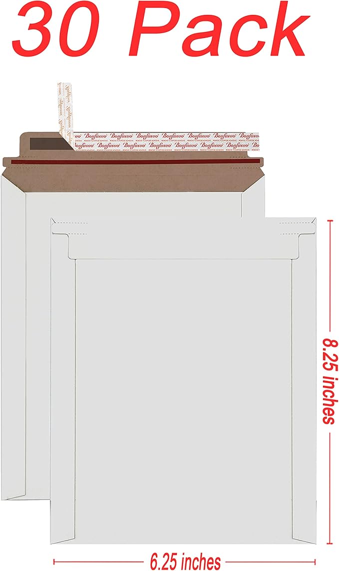 Bonfasvo Rigid Mailers 30 Pack 6.25 x 8.25 inches White Self Seal Stay Flat Bulk Cardboard Kraft No Bend Mailers Peel and Seal for Document Photos Pictures Papers Files CD
