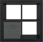 furtble Bookshelf with Storage Bin, 4-Cube Storage Organizer, Modern Wood Open Bookcase, Multifunctional Display Shelf for Living Room, Bedroom, Home Office, Black