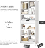 IOTXY Wooden Open Shelf Bookcase - 71 Inches Tall Freestanding Display Storage Cabinet Organizer with 10 Cubes and a Drawer, Floor Standing Bookshelf in Warm White