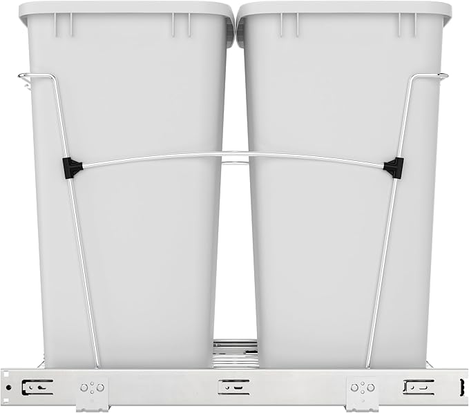 Rev-A-Shelf RV-18KD-11C S Double Pullout Trash Can for Kitchen Cabinets 35 Qt Garbage Recycling Bin on Full-Extension Slides, White