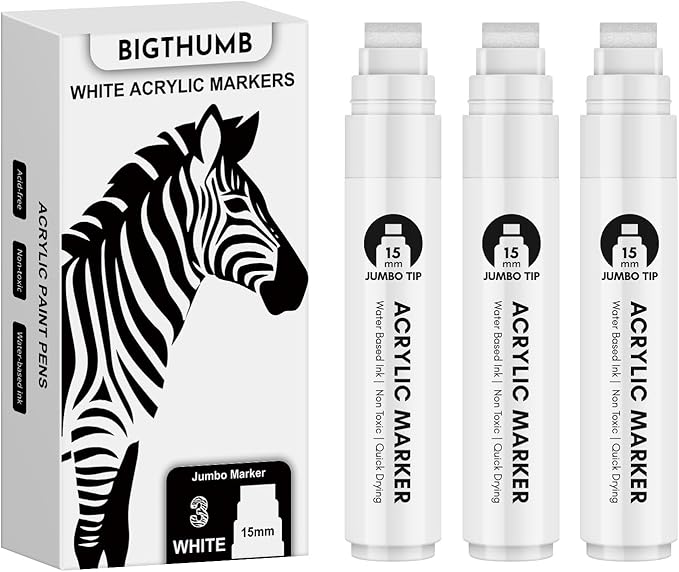 BIGTHUMB Thick White Jumbo Poster Markers: 3 Pcs 15mm Wide Tip Large Acrylic Paint Pens Big Permanent Markers Calligraphy Marker for Rock Painting, Sign, Canvas, Glass, Wood, Ceramic