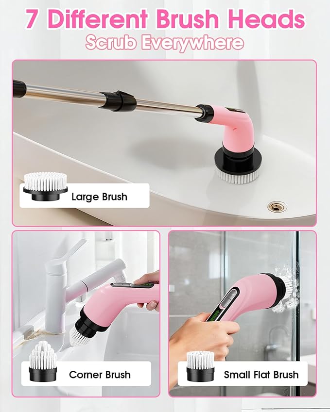 Highyes Electric Spin Scrubber for Cleaning Bathroom: Cordless Power Shower Scrubber - Electric Cleaning Brush for Tile Tub - Pink