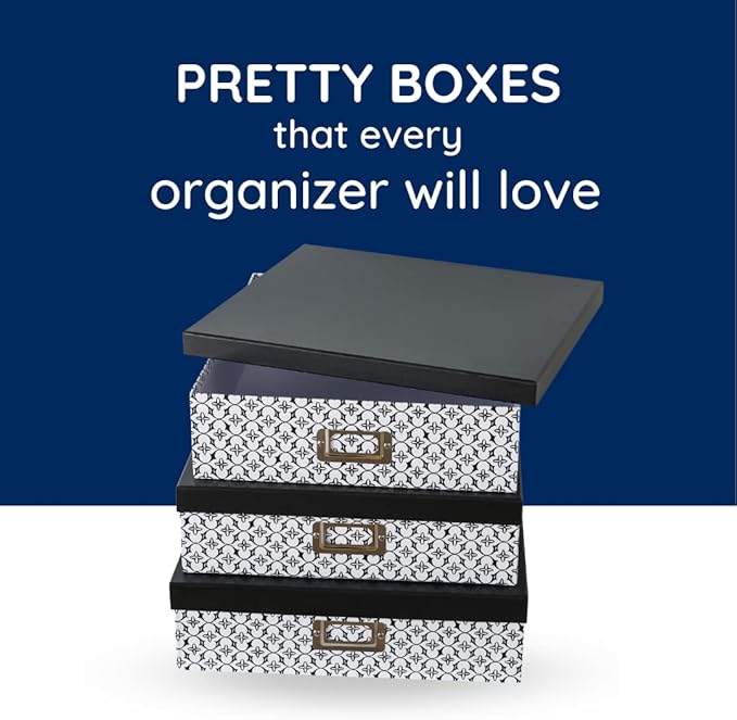 Soul & Lane Black and White Decorative Storage Boxes with Lids for Organizing, Set of 3 Jumbo Scrapbook Storage Boxes for Documents, Keepsakes, Memories, Modern Trellis