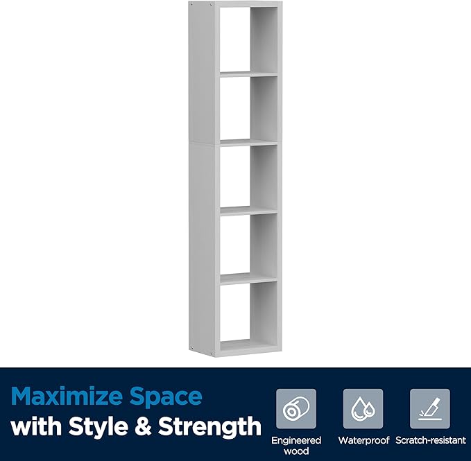 Jpiziso 5 Cube Storage Organizer Single Row, Cube Shelf with Heavy-Duty Thick Boards, 13.31" L x 9.37" W x 60.55" H, Smooth Easy-Clean Panels, Simple Assembly, for Living Room Bedroom Office, White